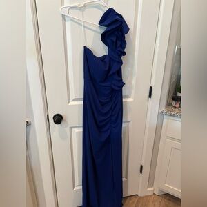 Honey and Rosie One-Shoulder Royal Blue Ruffle Gown